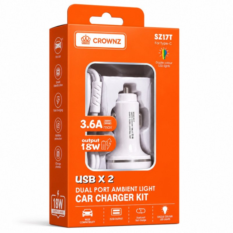 شاحن سيارة Crownz مزدوج USB مع كابل Type-C